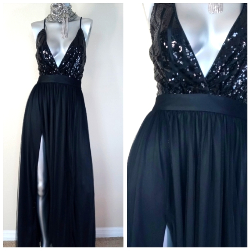 Black Sophisticated Cocktail Party Grunge Fairy Core Sequin Top Maxi Dress - Picture 11 of 16